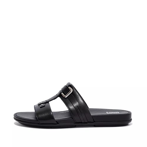 Fitflop GRACIE Stud-Buckle Leather Women's Slides Black | ZA-T-5064