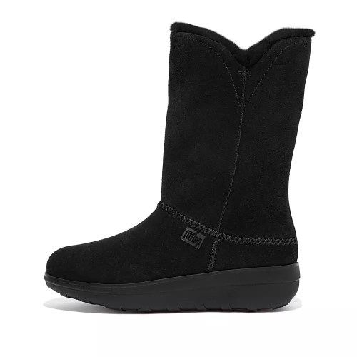 Fitflop MUKLUK Shearling-Lined Suede Women's Calf Boots Black | ZA-I-8634