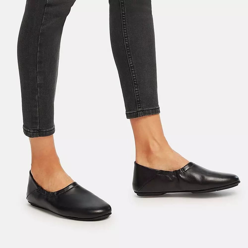 Fitflop ALLEGRO Fold-Down Back Leather Women's Ballet Flats Black | ZA-I-7043