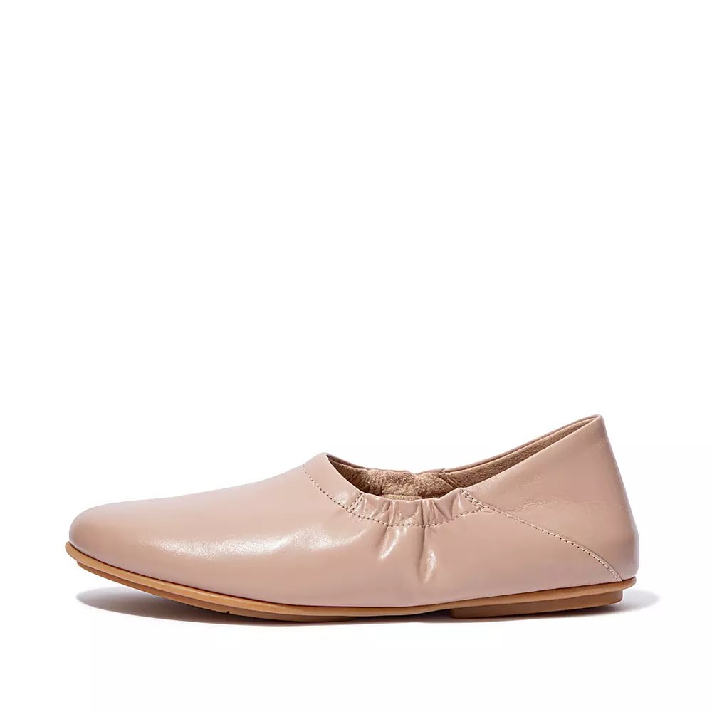 Fitflop ALLEGRO Fold-Down Back Leather Women\'s Ballet Flats Beige | ZA-Q-5793