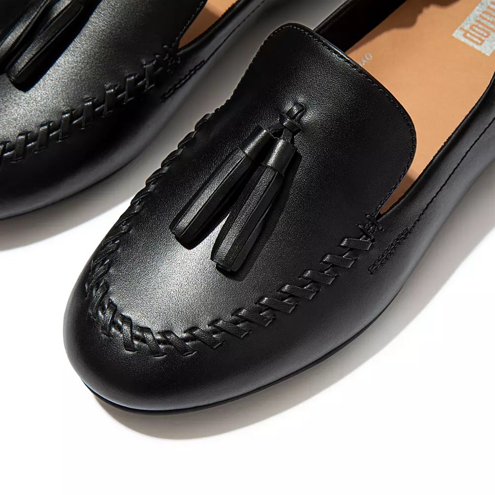 Fitflop ALLEGRO Tassel Leather Women's Loafers Black | ZA-Y-9075