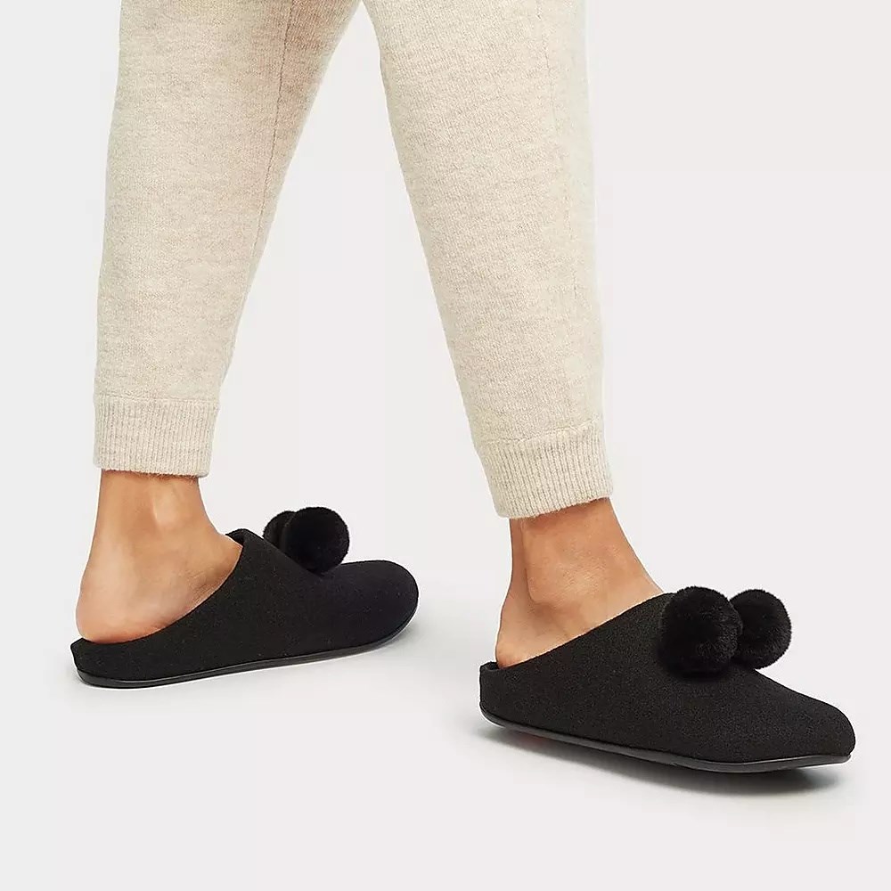 Fitflop CHRISSIE Pom-Pom Felt Women's Slippers Black | ZA-G-3190