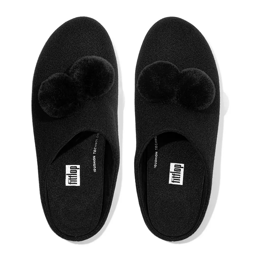 Fitflop CHRISSIE Pom-Pom Felt Women's Slippers Black | ZA-G-3190