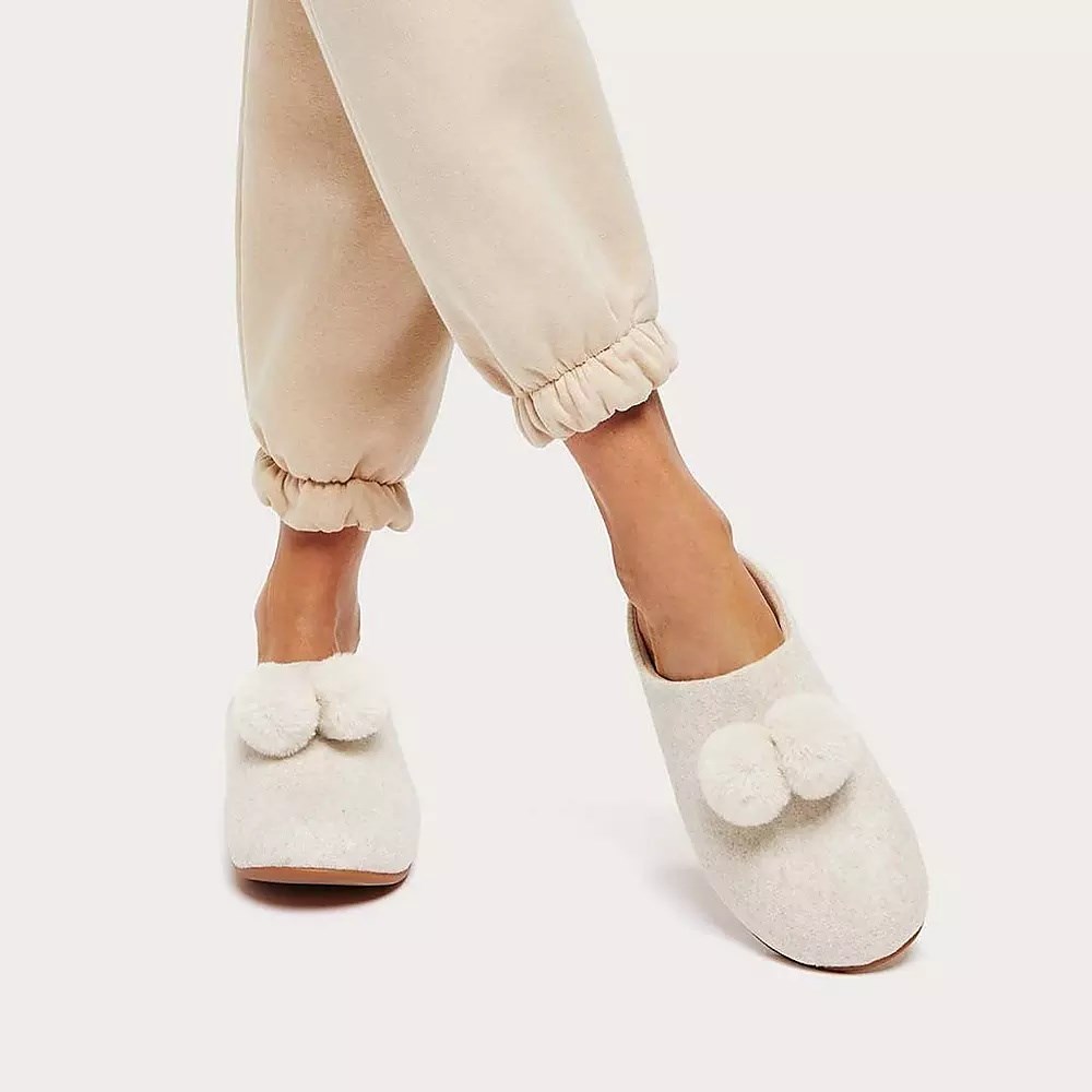 Fitflop CHRISSIE Pom-Pom Felt Women's Slippers Cream | ZA-J-8293