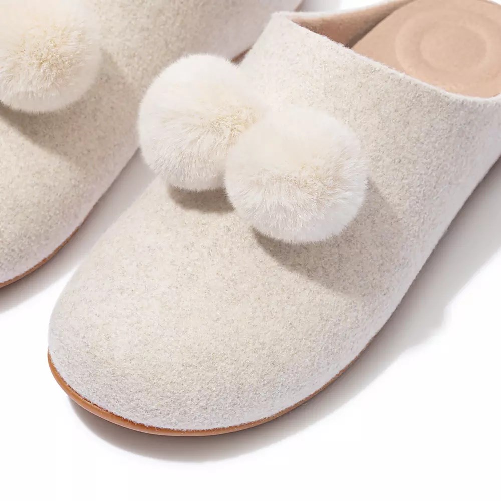 Fitflop CHRISSIE Pom-Pom Felt Women's Slippers Cream | ZA-J-8293