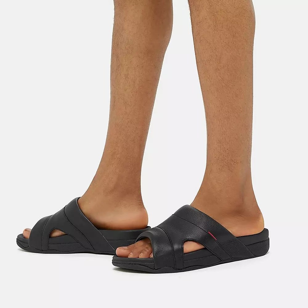 Fitflop FREEWAY Leather Pool Men's Slides Black | ZA-E-4960