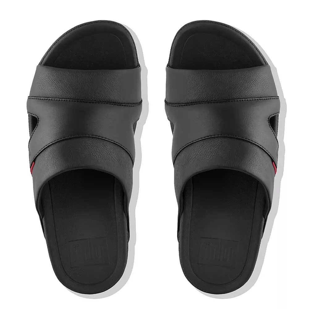 Fitflop FREEWAY Leather Pool Men's Slides Black | ZA-E-4960