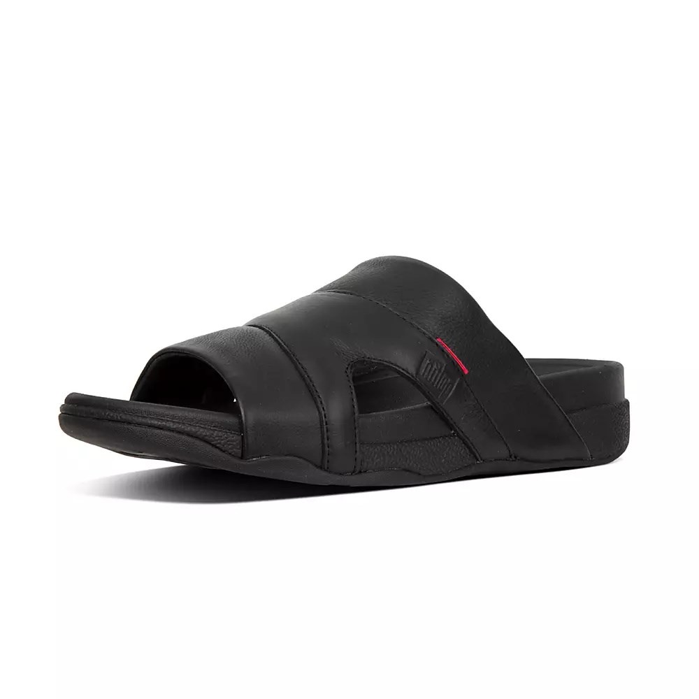 Fitflop FREEWAY Leather Pool Men's Slides Black | ZA-E-4960