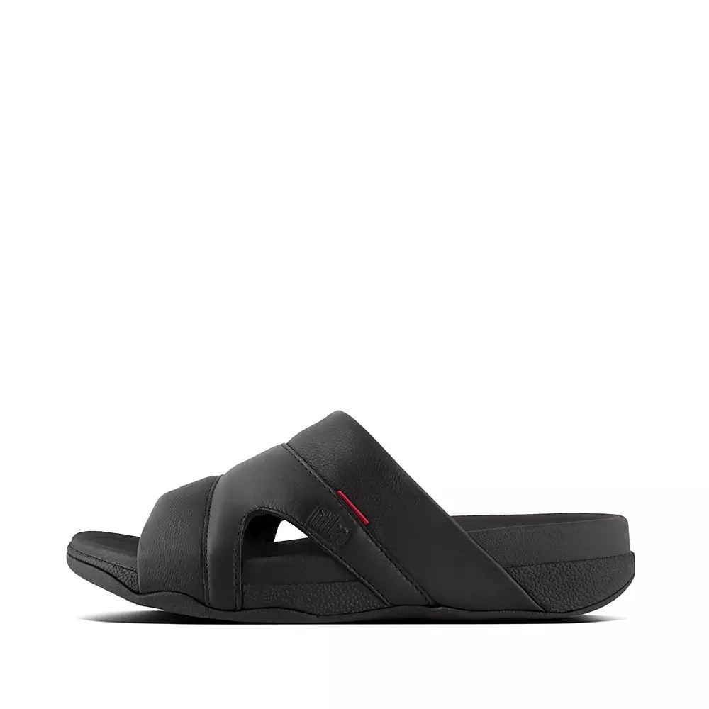 Fitflop FREEWAY Leather Pool Men\'s Slides Black | ZA-E-4960