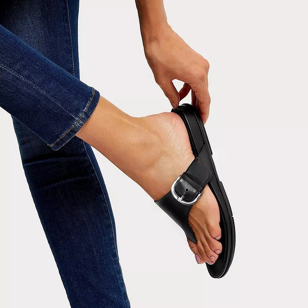 Fitflop GRACIE Buckle Leather Toe-Post Women's Sandals Black | ZA-Q-5307