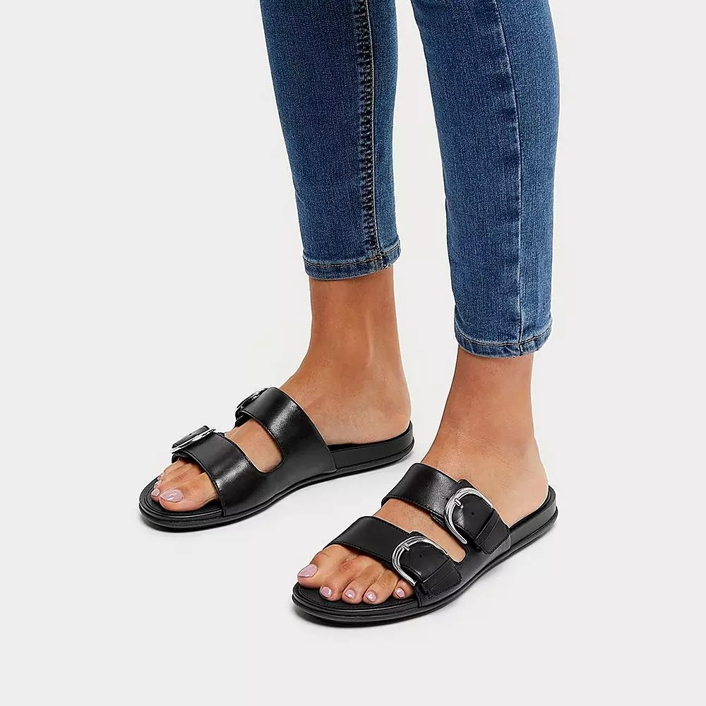 Fitflop GRACIE Buckle Leather Women's Slides Black | ZA-R-5918