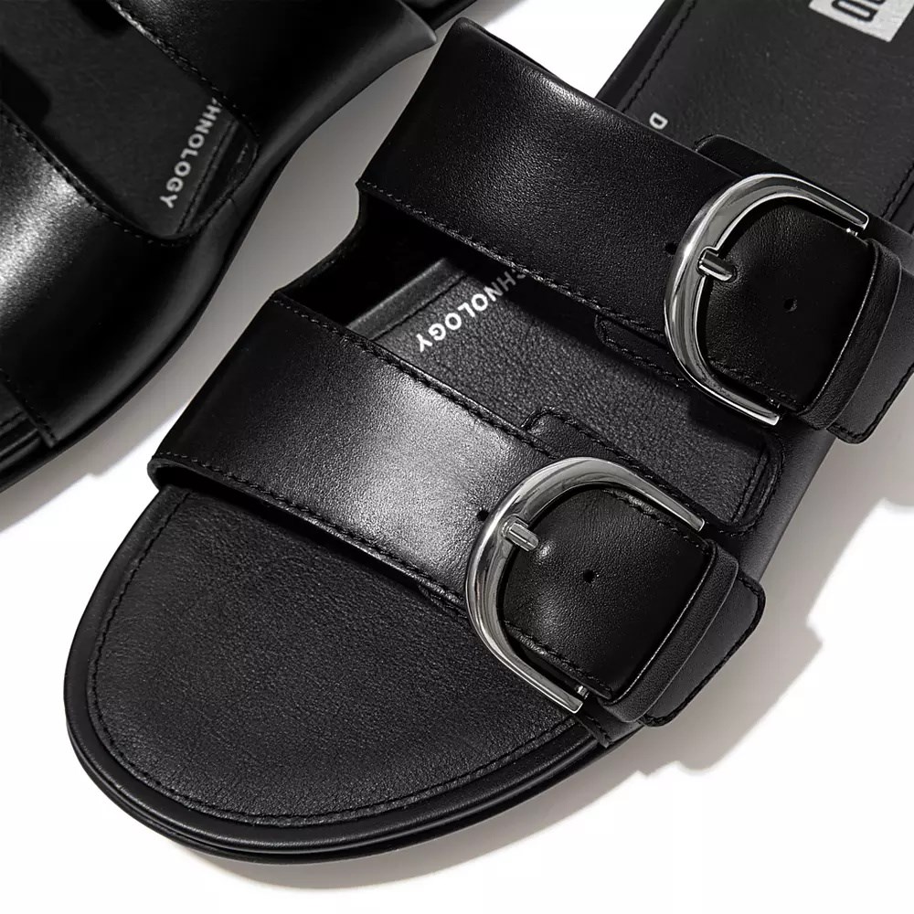 Fitflop GRACIE Buckle Leather Women's Slides Black | ZA-R-5918