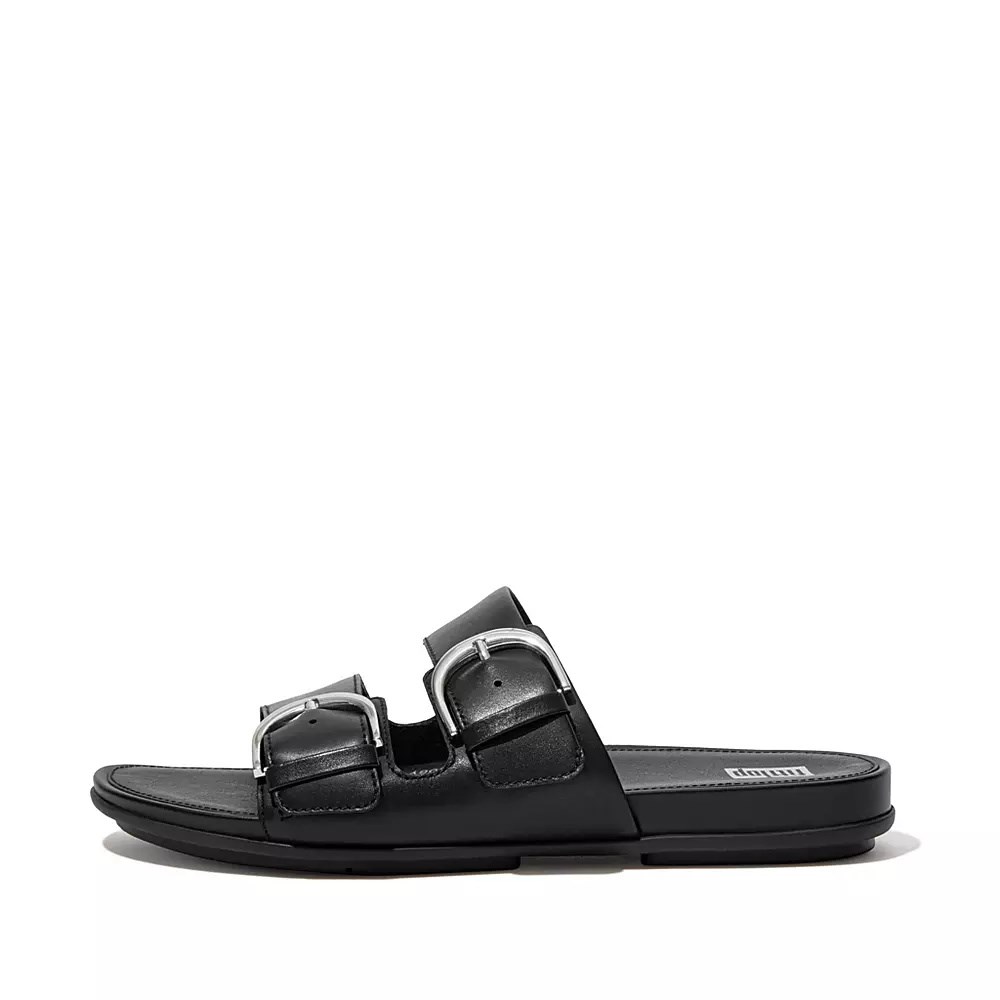 Fitflop GRACIE Buckle Leather Women\'s Slides Black | ZA-R-5918