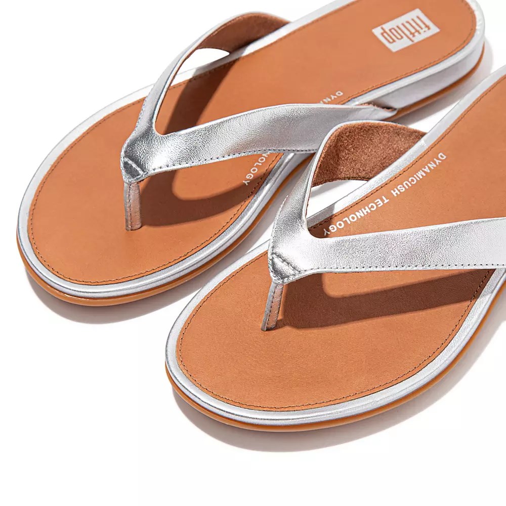 Fitflop GRACIE Metallic Leather Women's Flip Flops Silver / Brown | ZA-A-1604