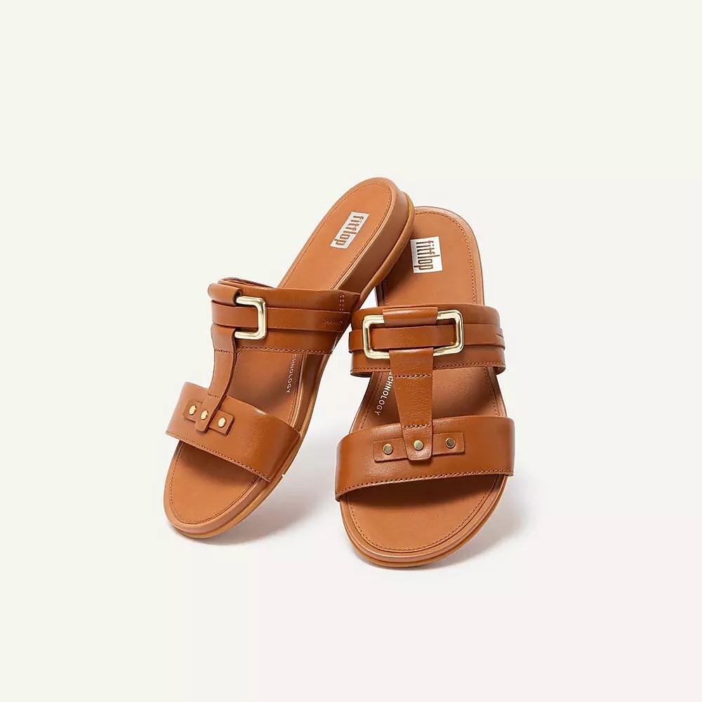 Fitflop GRACIE Stud-Buckle Leather Women's Slides Light Brown | ZA-Q-4937