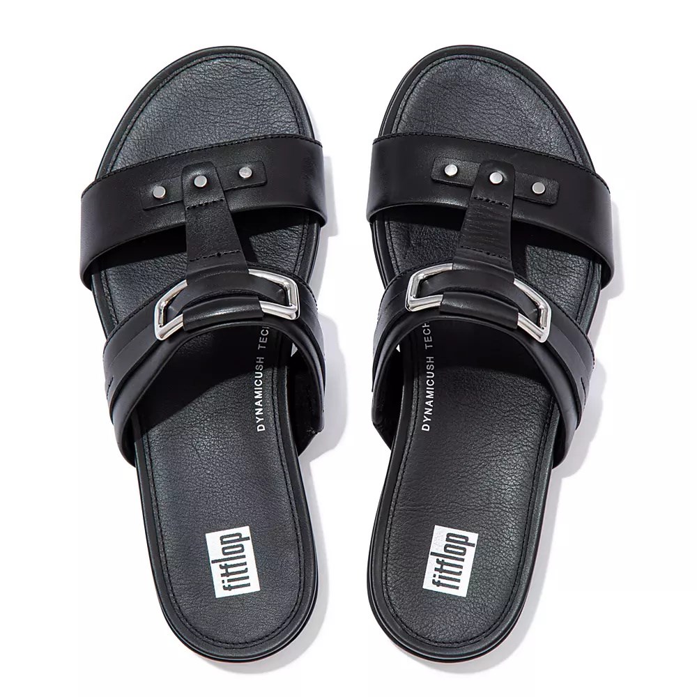 Fitflop GRACIE Stud-Buckle Leather Women's Slides Black | ZA-T-5064