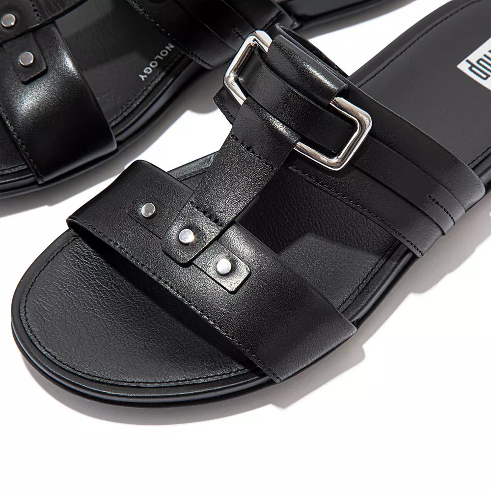 Fitflop GRACIE Stud-Buckle Leather Women's Slides Black | ZA-T-5064