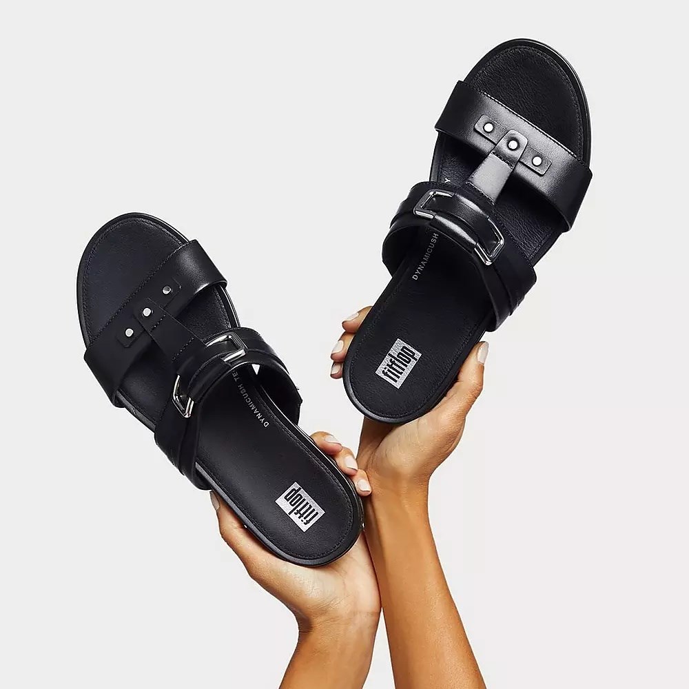 Fitflop GRACIE Stud-Buckle Leather Women's Slides Black | ZA-T-5064