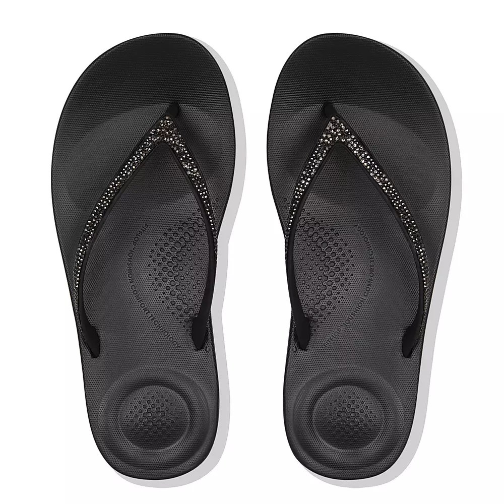 Fitflop IQUSHION Sparkle Ergonomic Women's Flip Flops Black | ZA-Q-3461