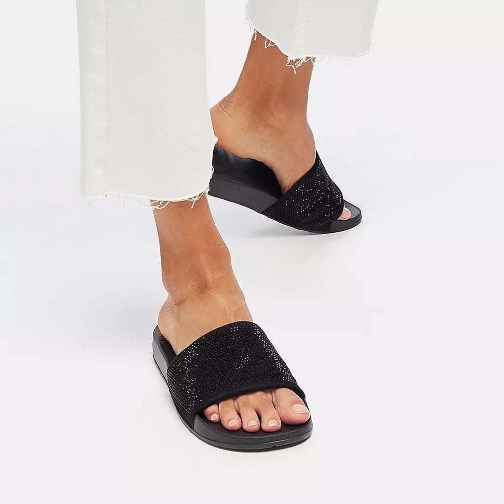 Fitflop IQUSHION Water-Resistant Crystal Women's Slides Black | ZA-V-8719