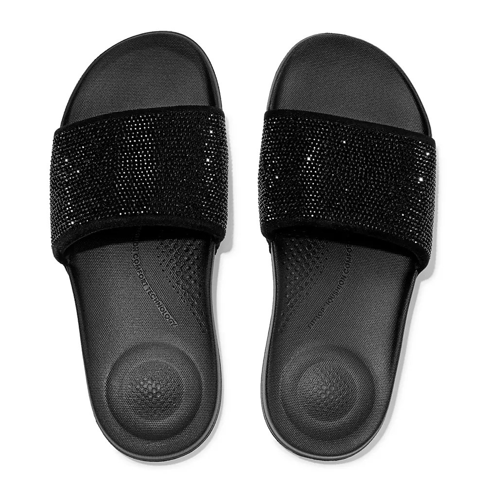 Fitflop IQUSHION Water-Resistant Crystal Women's Slides Black | ZA-V-8719