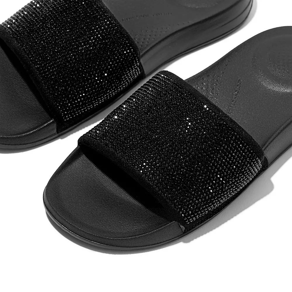 Fitflop IQUSHION Water-Resistant Crystal Women's Slides Black | ZA-V-8719