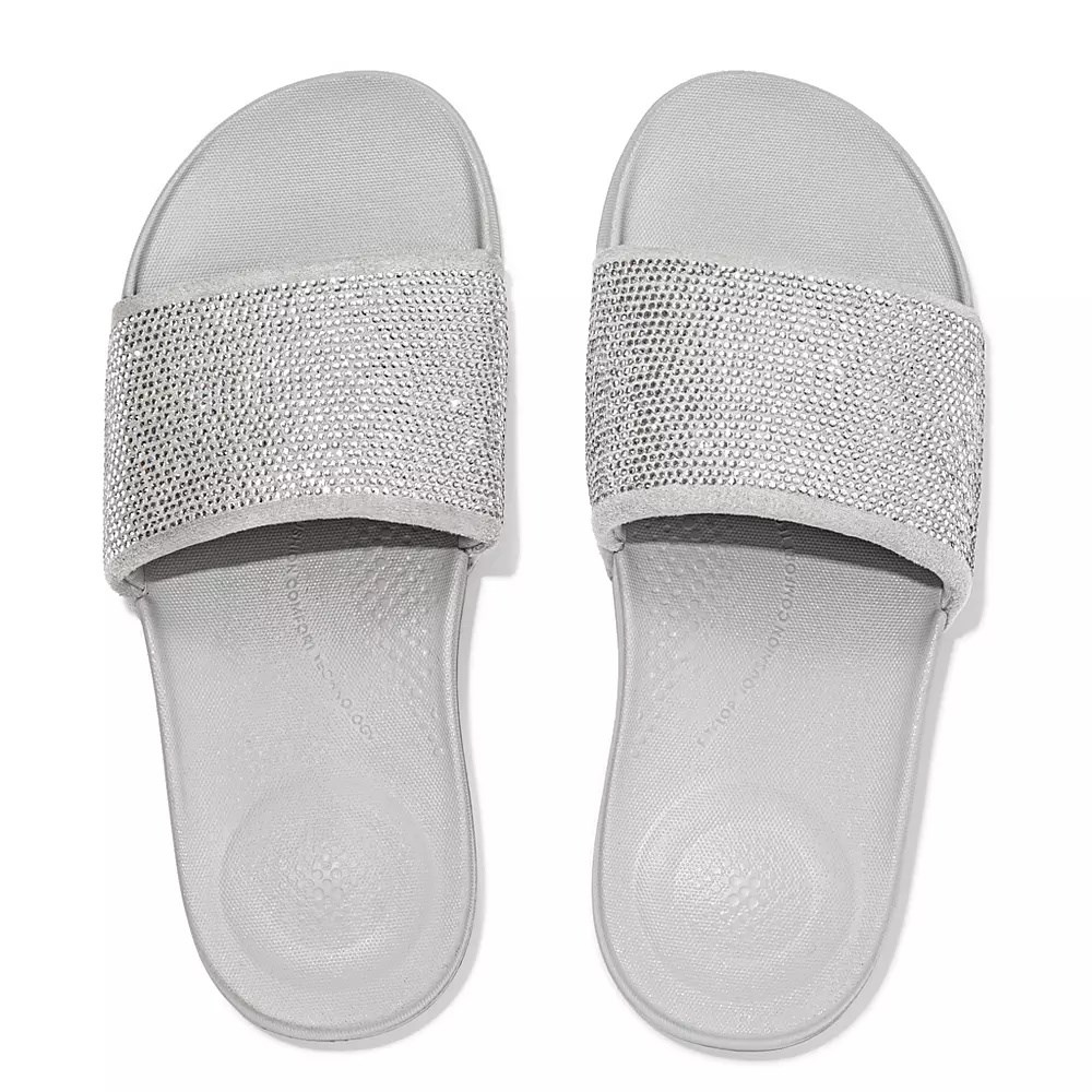 Fitflop IQUSHION Water-Resistant Crystal Women's Slides Silver | ZA-Z-6840