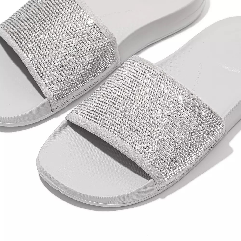 Fitflop IQUSHION Water-Resistant Crystal Women's Slides Silver | ZA-Z-6840