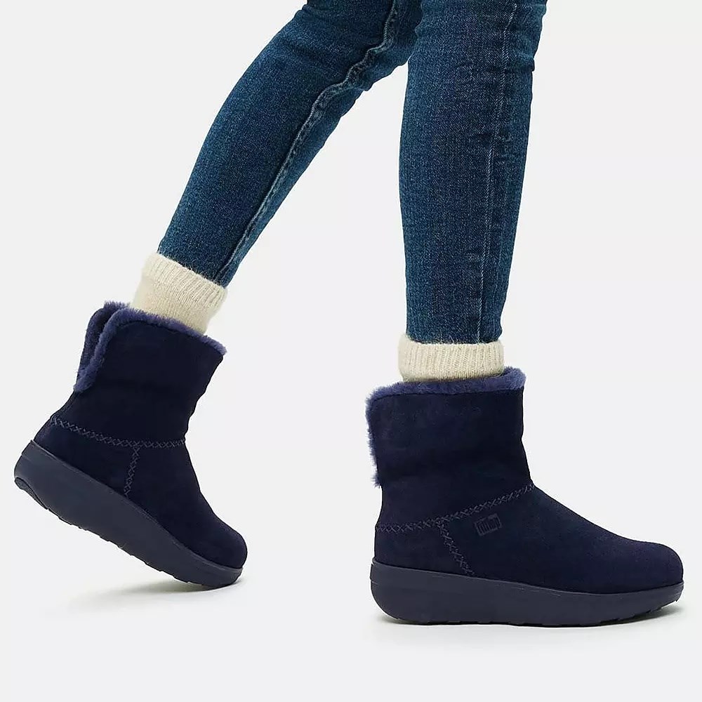 Fitflop MUKLUK SHORTY Shearling-Lined Suede Women's Ankle Boots Navy | ZA-Y-5470