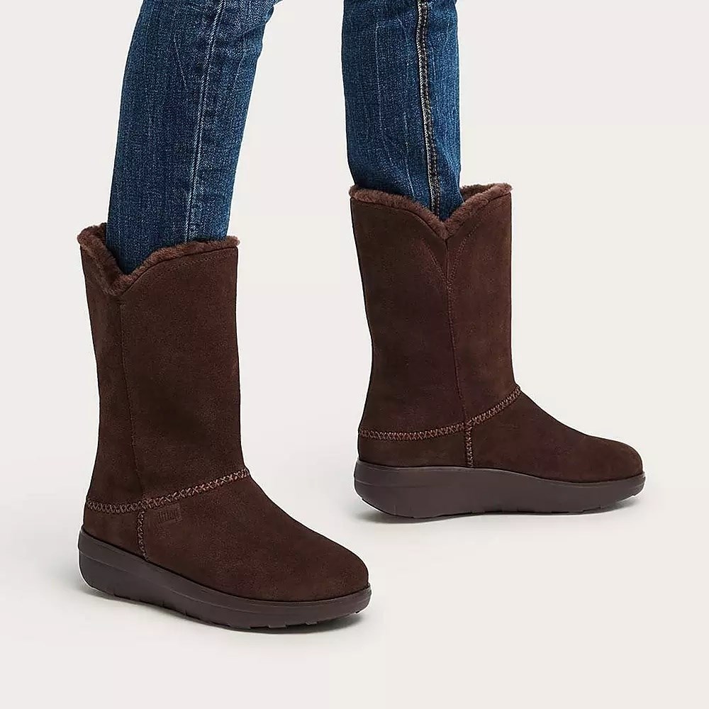 Fitflop MUKLUK Shearling-Lined Suede Women's Calf Boots Chocolate | ZA-G-3260