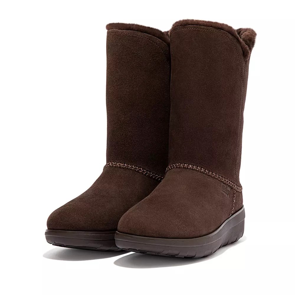 Fitflop MUKLUK Shearling-Lined Suede Women's Calf Boots Chocolate | ZA-G-3260