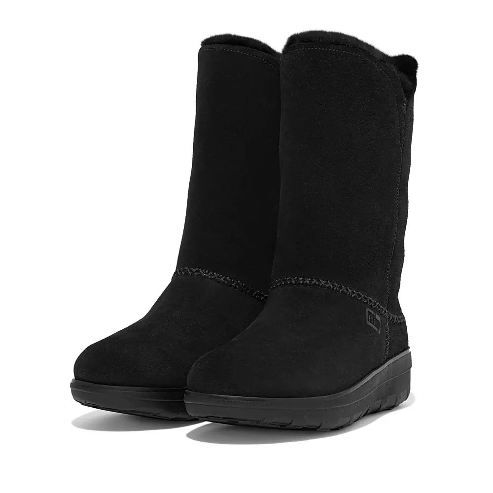 Fitflop MUKLUK Shearling-Lined Suede Women's Calf Boots Black | ZA-I-8634