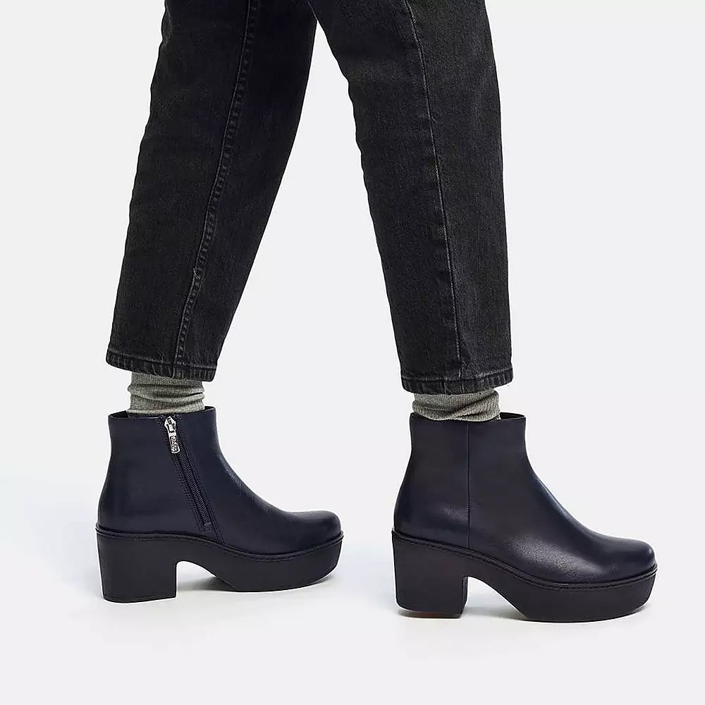 Fitflop PILAR Leather Women's Platform Boots Navy | ZA-E-9256