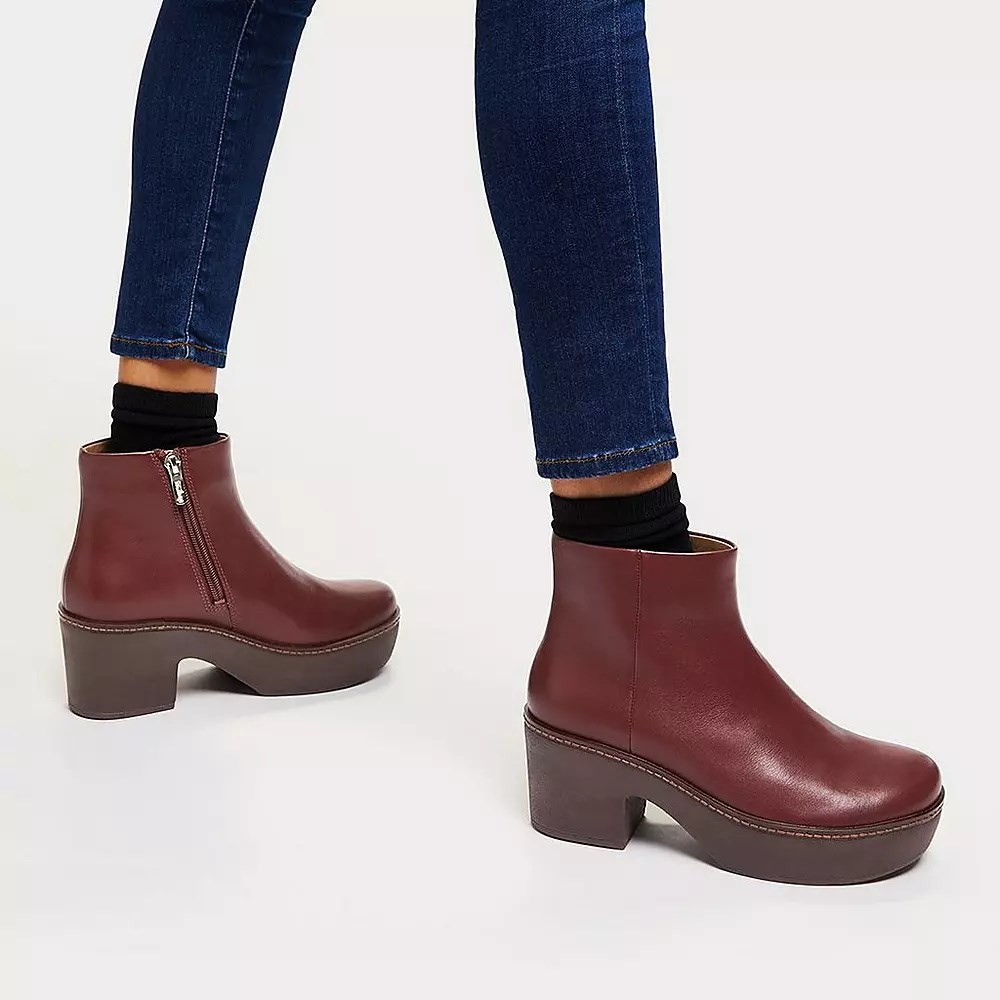 Fitflop PILAR Leather Women's Platform Boots Maroon | ZA-H-7218