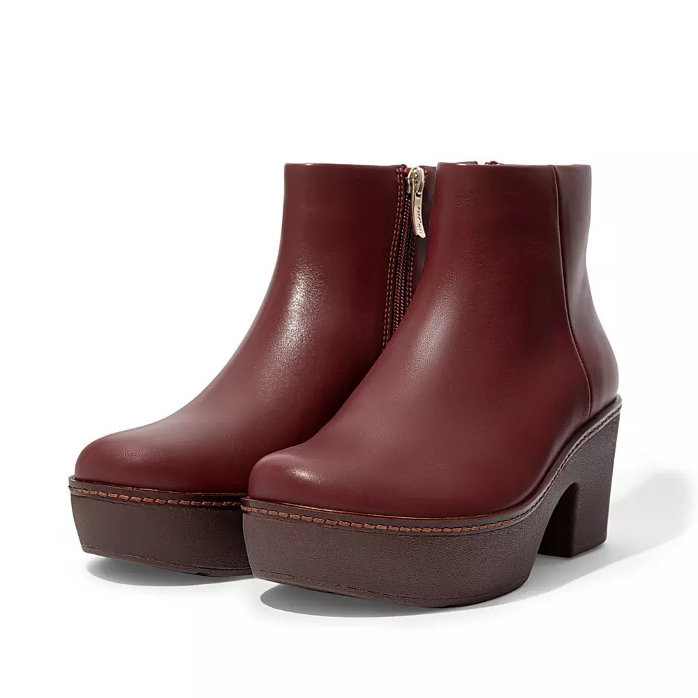 Fitflop PILAR Leather Women's Platform Boots Maroon | ZA-H-7218