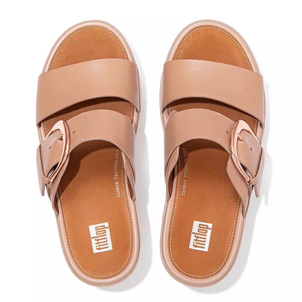 Fitflop PILAR Leather Women's Platform Slides Beige | ZA-N-8517