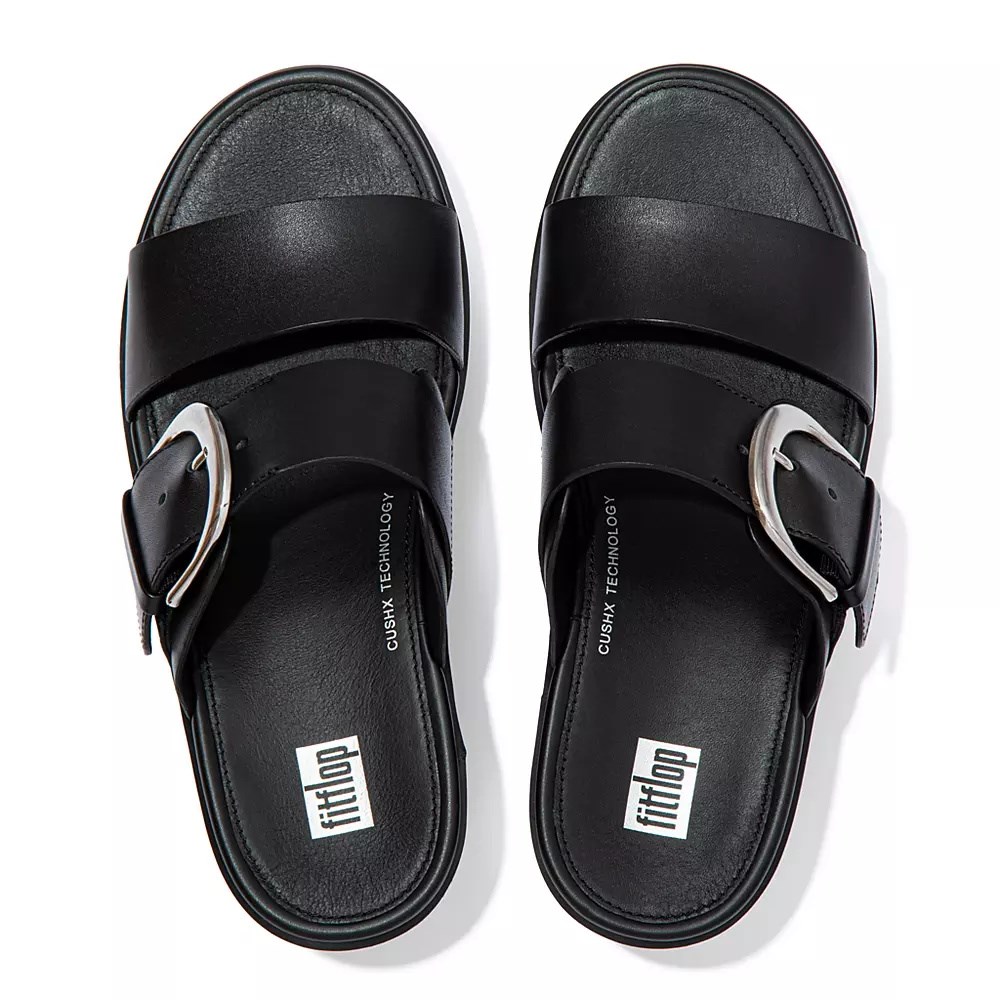 Fitflop PILAR Leather Women's Platform Slides Black | ZA-N-8904