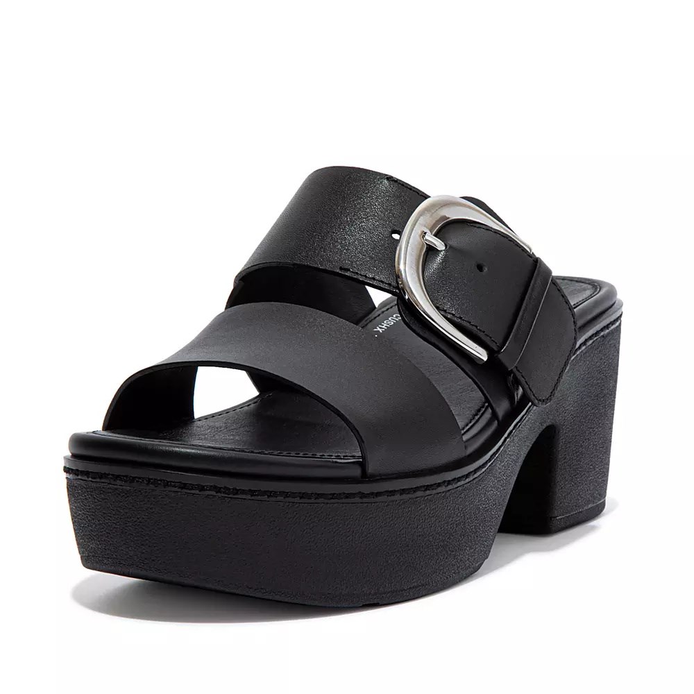 Fitflop PILAR Leather Women's Platform Slides Black | ZA-N-8904