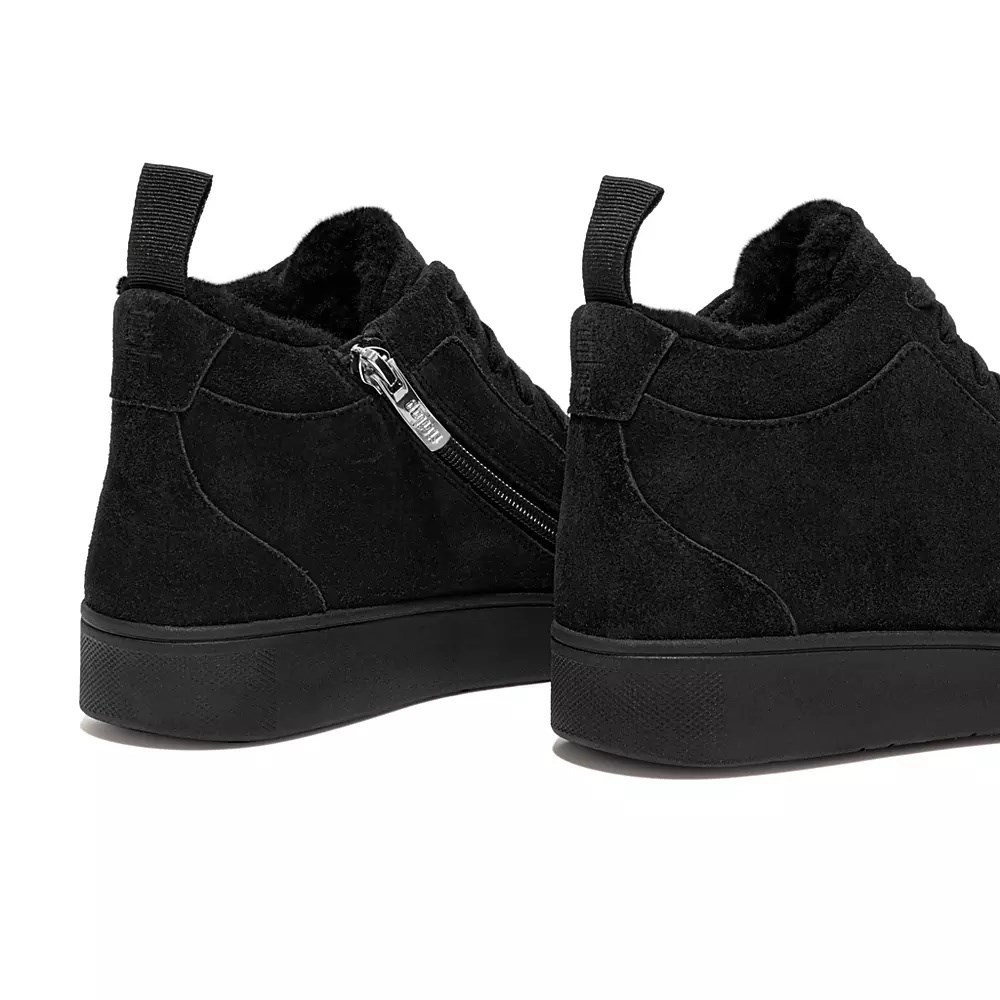 Fitflop RALLY Faux-Fur Lined Suede Women's Sneakers Black | ZA-A-7836