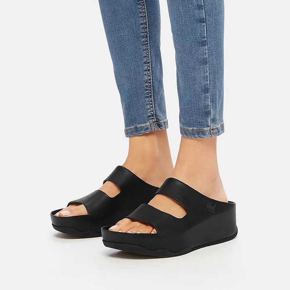 Fitflop SHUV Two-Bar Leather Women's Slides Black | ZA-E-1875