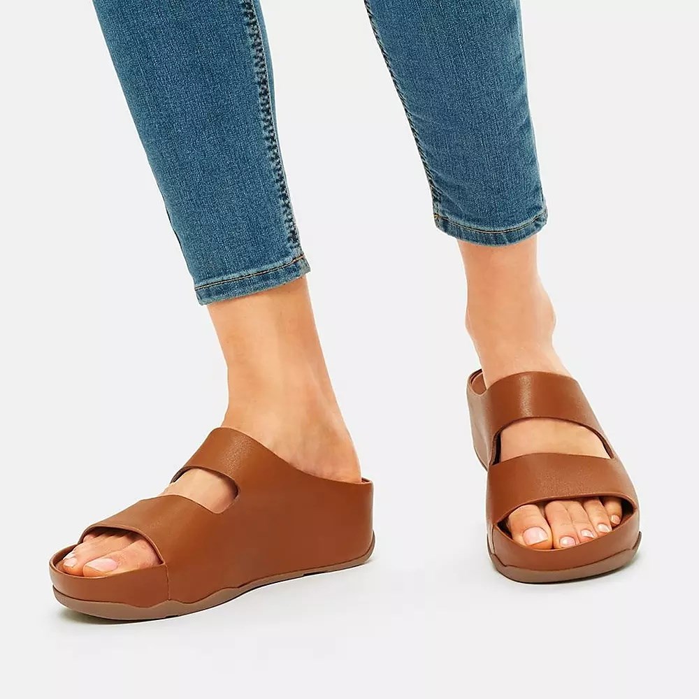 Fitflop SHUV Two-Bar Leather Women's Slides Brown | ZA-I-0493