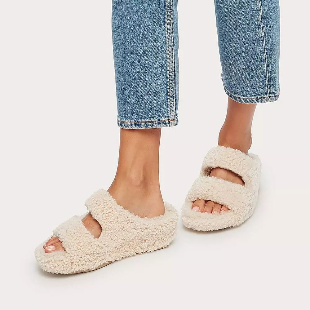 Fitflop SHUV Two-Bar Shearling Women's Slides Cream | ZA-R-6749