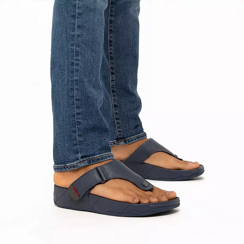 Fitflop TRAKK II Leather Toe-Post Men's Sandals Navy | ZA-H-3254