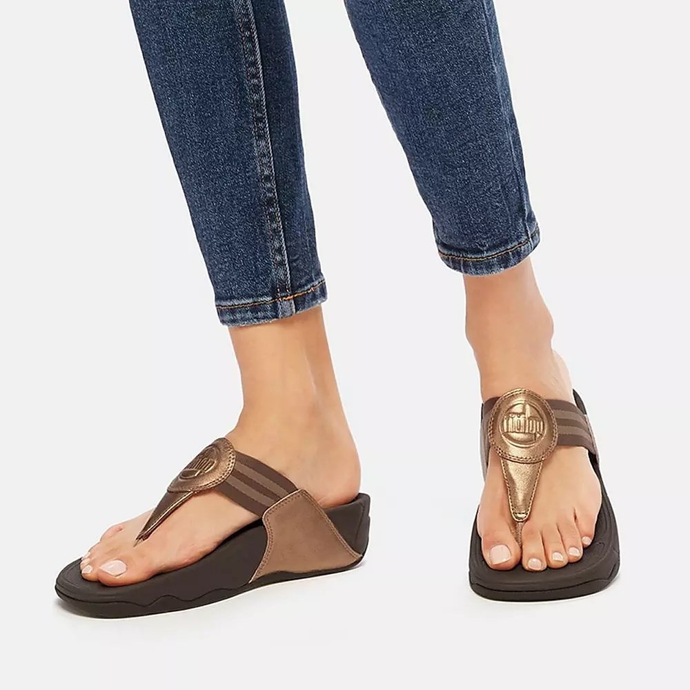 Fitflop WALKSTAR Webbing Toe-Post Women's Sandals Brown / Gold | ZA-C-2985